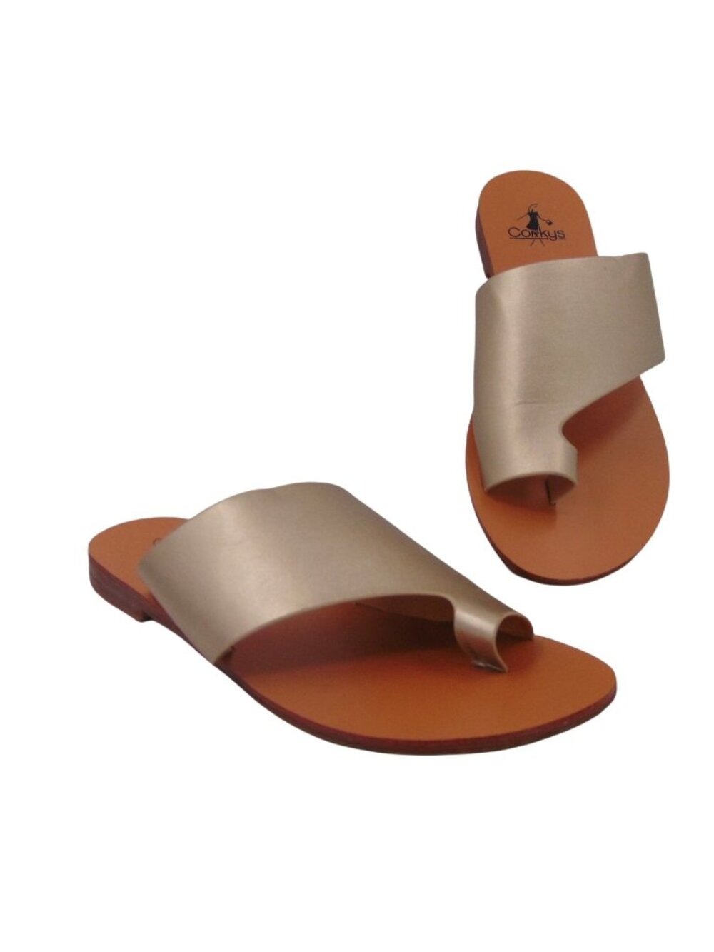Corkys Womans Sunny Day Gold Sandals Size 9 Wide Vamp Strap Slip On Flip Flop